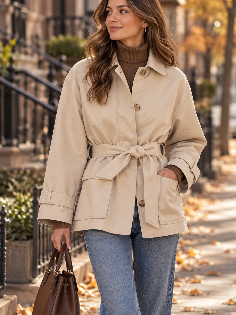 H&M Beige Belted Short Trench Coat Utility Jacket Size Small